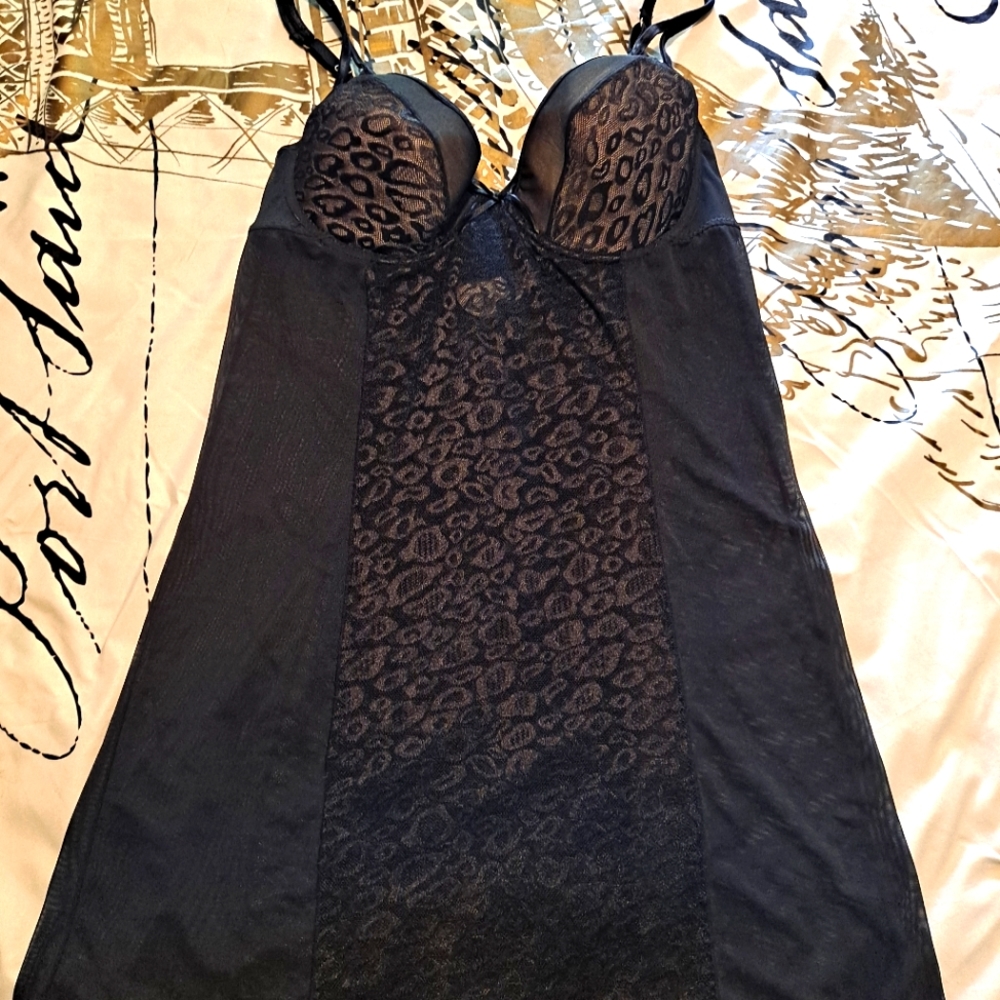 New Essentials Sexy Black Teddy with Leaperd Sheer Design and Padded Bra